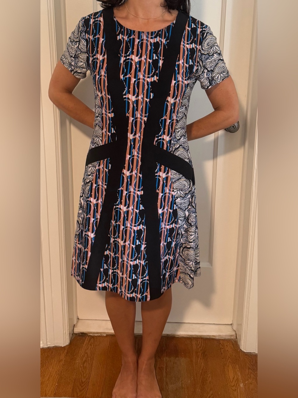 BCBGMaxAzria Black, Pink & Blue Patterned A-Line Dress